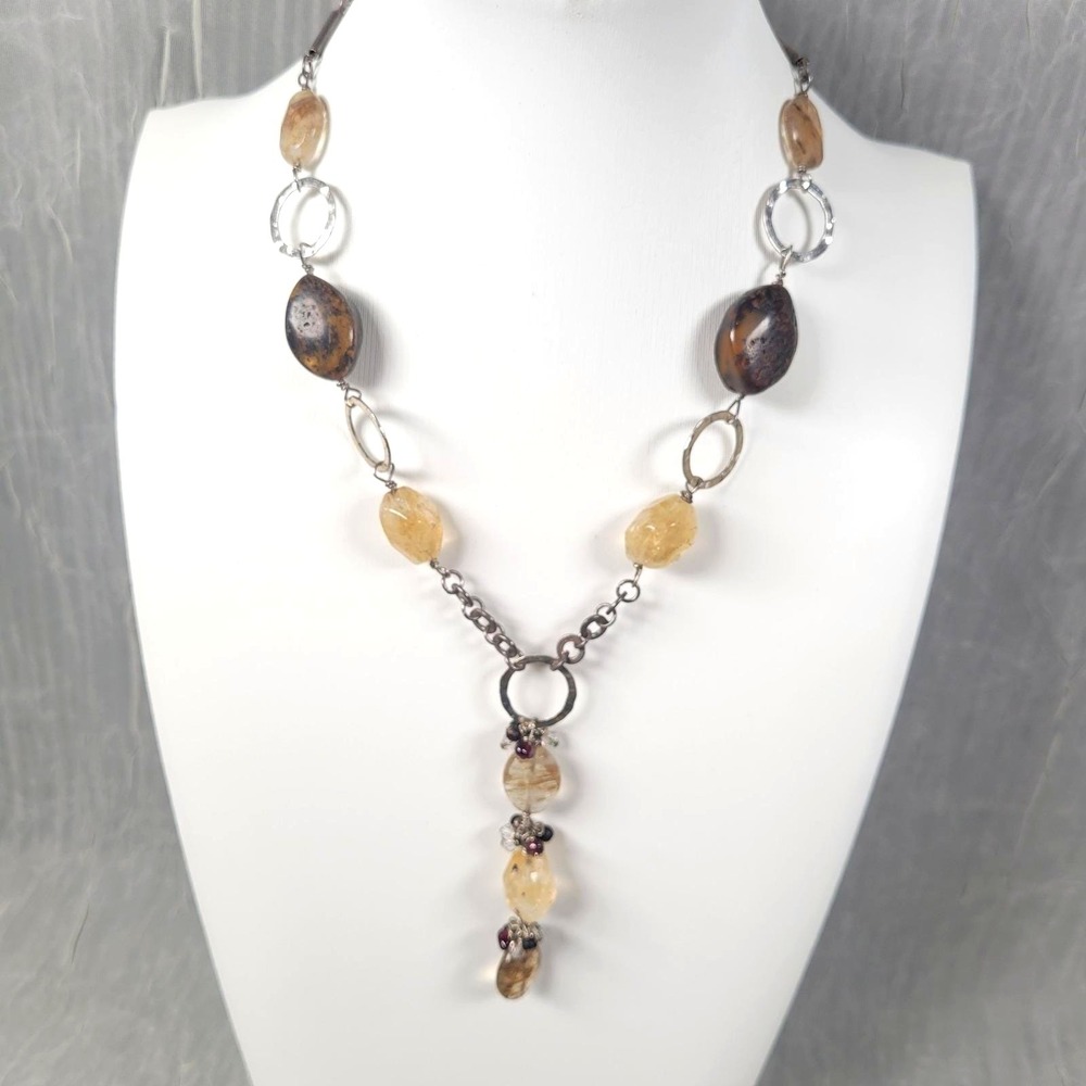 Mexico 925 Sterling Silver Amber Garnet Y Necklace Hammered Link Nugget Jewelry